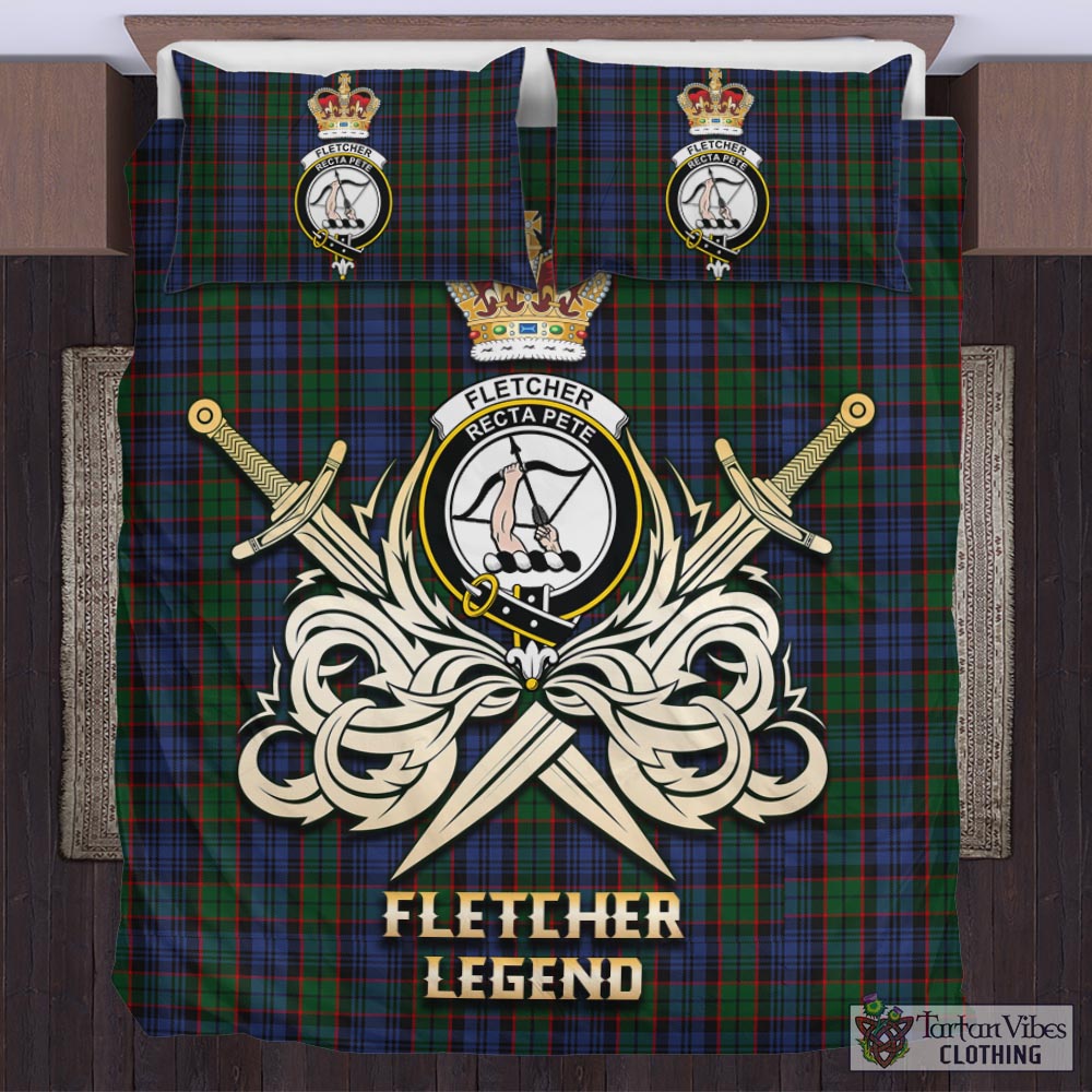 Tartan Vibes Clothing Fletcher Tartan Bedding Set with Clan Crest and the Golden Sword of Courageous Legacy