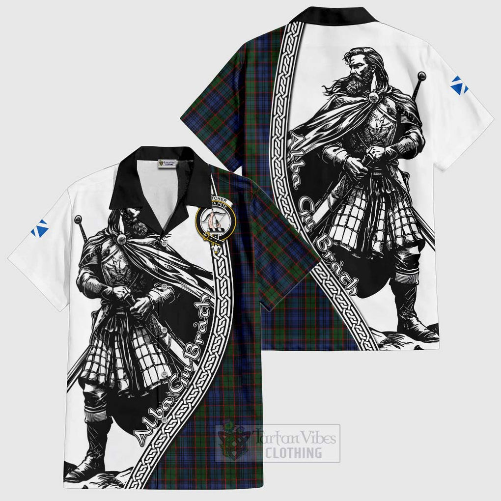 Tartan Vibes Clothing Fletcher Tartan Clan Crest Short Sleeve Button Shirt with Highlander Warrior Celtic Style