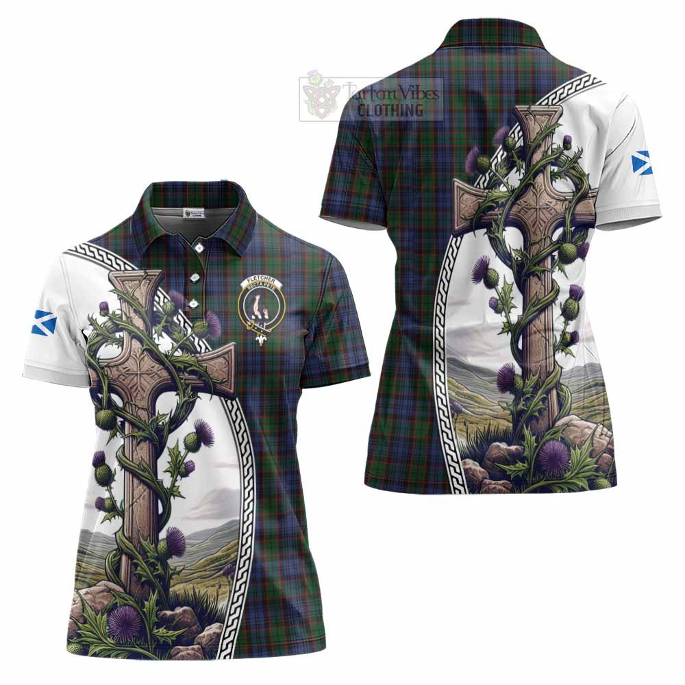 Tartan Vibes Clothing Fletcher Tartan Women's Polo Shirt with Family Crest and St. Andrew's Cross Accented by Thistle Vines