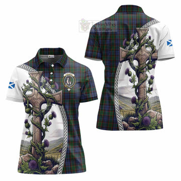 Fletcher Tartan Women's Polo Shirt with Family Crest and St. Andrew's Cross Accented by Thistle Vines