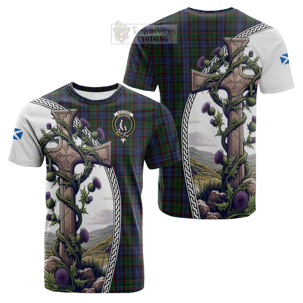 Tartan Vibes Clothing Fletcher Tartan Cotton T-shirt with Family Crest and St. Andrew's Cross Accented by Thistle Vines