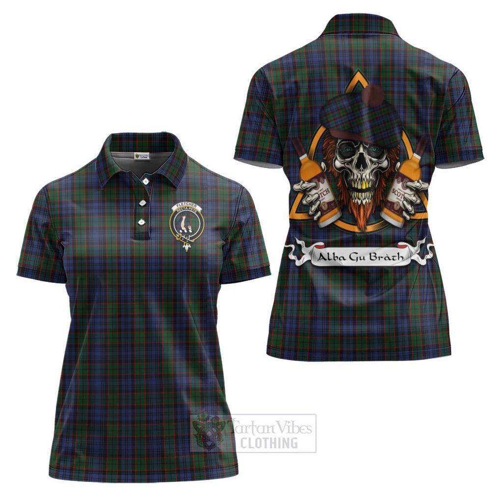 Tartan Vibes Clothing Fletcher Tartan Women's Polo Shirt with Family Crest and Bearded Skull Holding Bottles of Whiskey