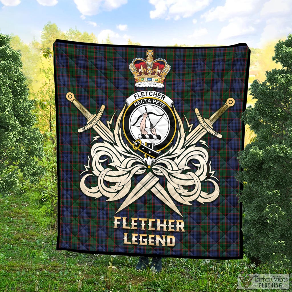 Tartan Vibes Clothing Fletcher Tartan Quilt with Clan Crest and the Golden Sword of Courageous Legacy