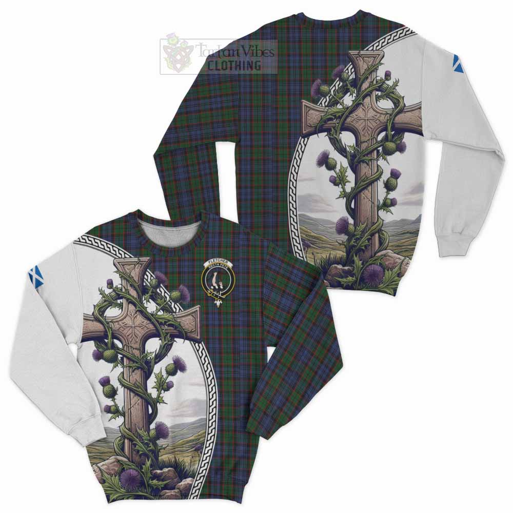 Tartan Vibes Clothing Fletcher Tartan Sweatshirt with Family Crest and St. Andrew's Cross Accented by Thistle Vines