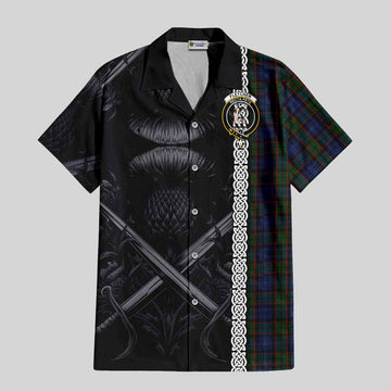 Fletcher Tartan Short Sleeve Button Shirt with Family Crest Cross Sword Thistle Celtic Vibes