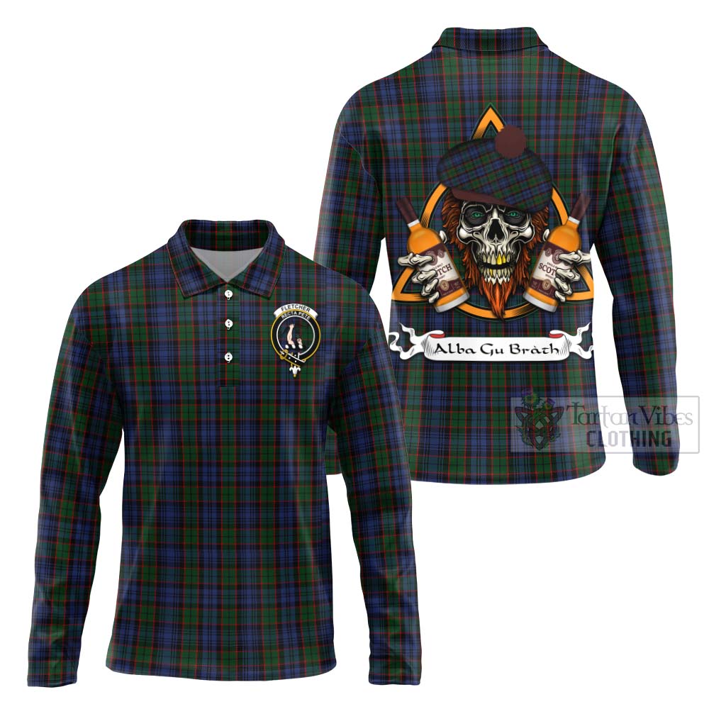 Tartan Vibes Clothing Fletcher Tartan Long Sleeve Polo Shirt with Family Crest and Bearded Skull Holding Bottles of Whiskey