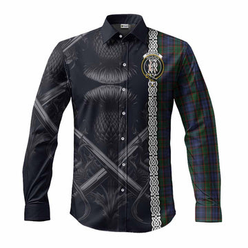 Fletcher Tartan Long Sleeve Button Shirt with Family Crest Cross Sword Thistle Celtic Vibes