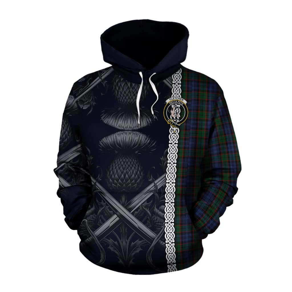 Tartan Vibes Clothing Fletcher Tartan Cotton Hoodie with Family Crest Cross Sword Thistle Celtic Vibes