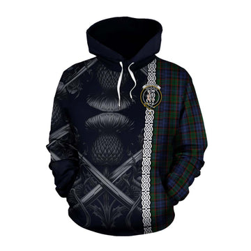 Fletcher Tartan Cotton Hoodie with Family Crest Cross Sword Thistle Celtic Vibes