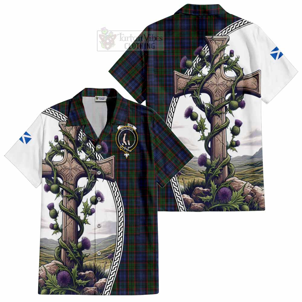 Tartan Vibes Clothing Fletcher Tartan Short Sleeve Button Shirt with Family Crest and St. Andrew's Cross Accented by Thistle Vines