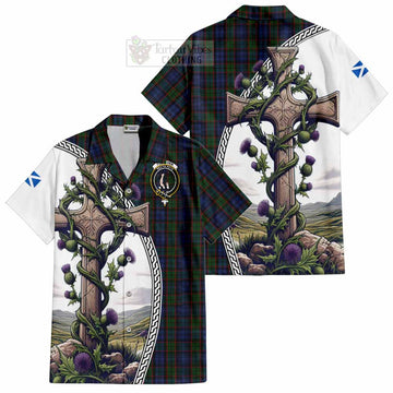 Fletcher Tartan Short Sleeve Button Shirt with Family Crest and St. Andrew's Cross Accented by Thistle Vines