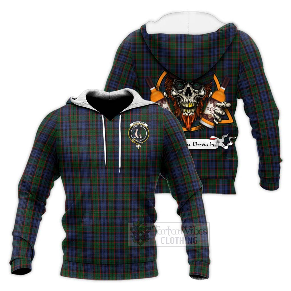 Tartan Vibes Clothing Fletcher Tartan Knitted Hoodie with Family Crest and Bearded Skull Holding Bottles of Whiskey