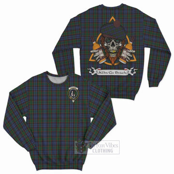 Fletcher Tartan Sweatshirt with Family Crest and Bearded Skull Holding Bottles of Whiskey