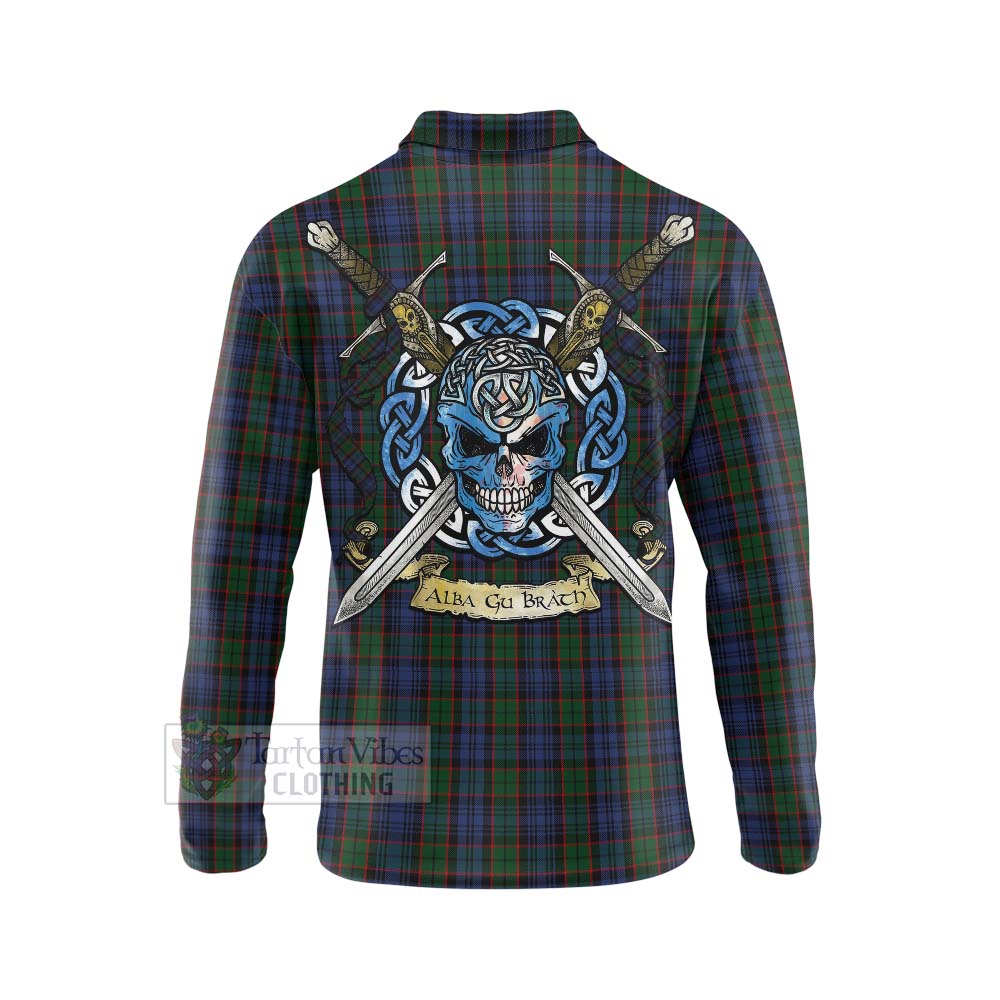 Tartan Vibes Clothing Fletcher Tartan Long Sleeve Polo Shirt with Family Crest Celtic Skull Style