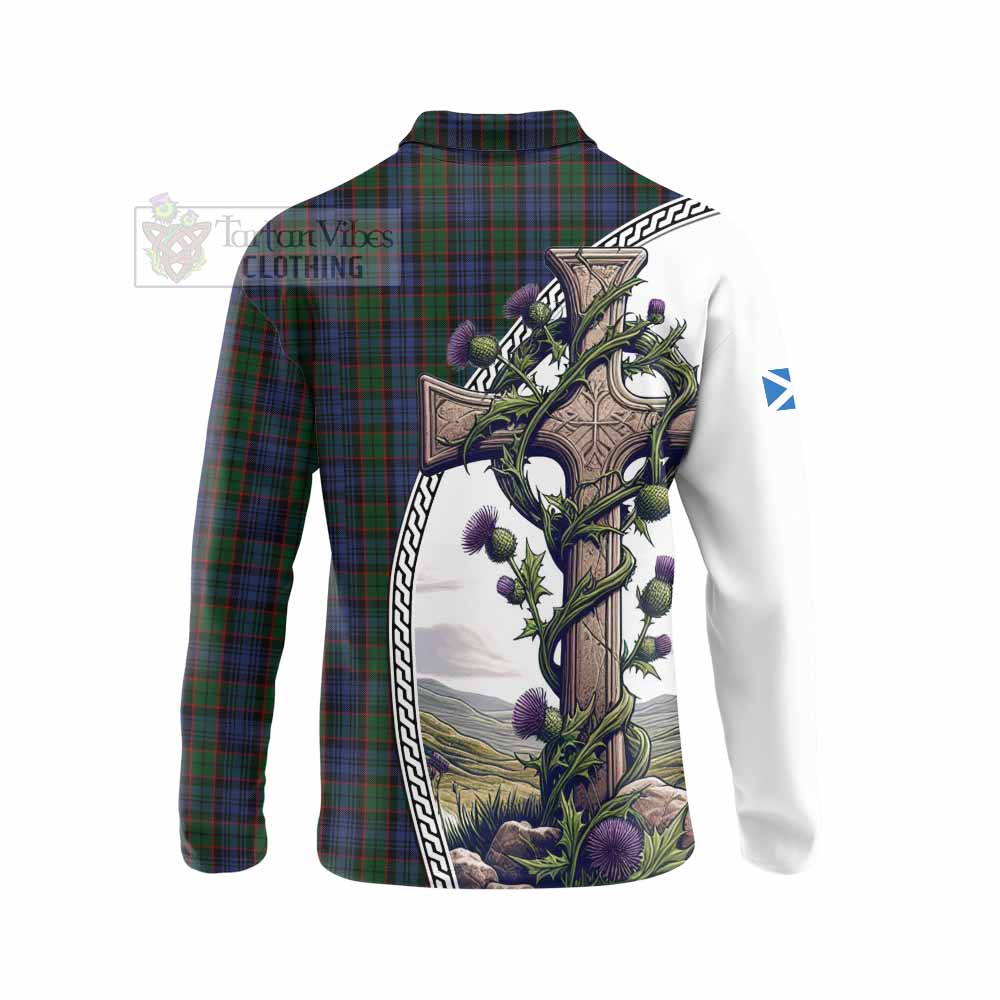 Tartan Vibes Clothing Fletcher Tartan Long Sleeve Polo Shirt with Family Crest and St. Andrew's Cross Accented by Thistle Vines