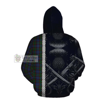 Fletcher Tartan Cotton Hoodie with Family Crest Cross Sword Thistle Celtic Vibes