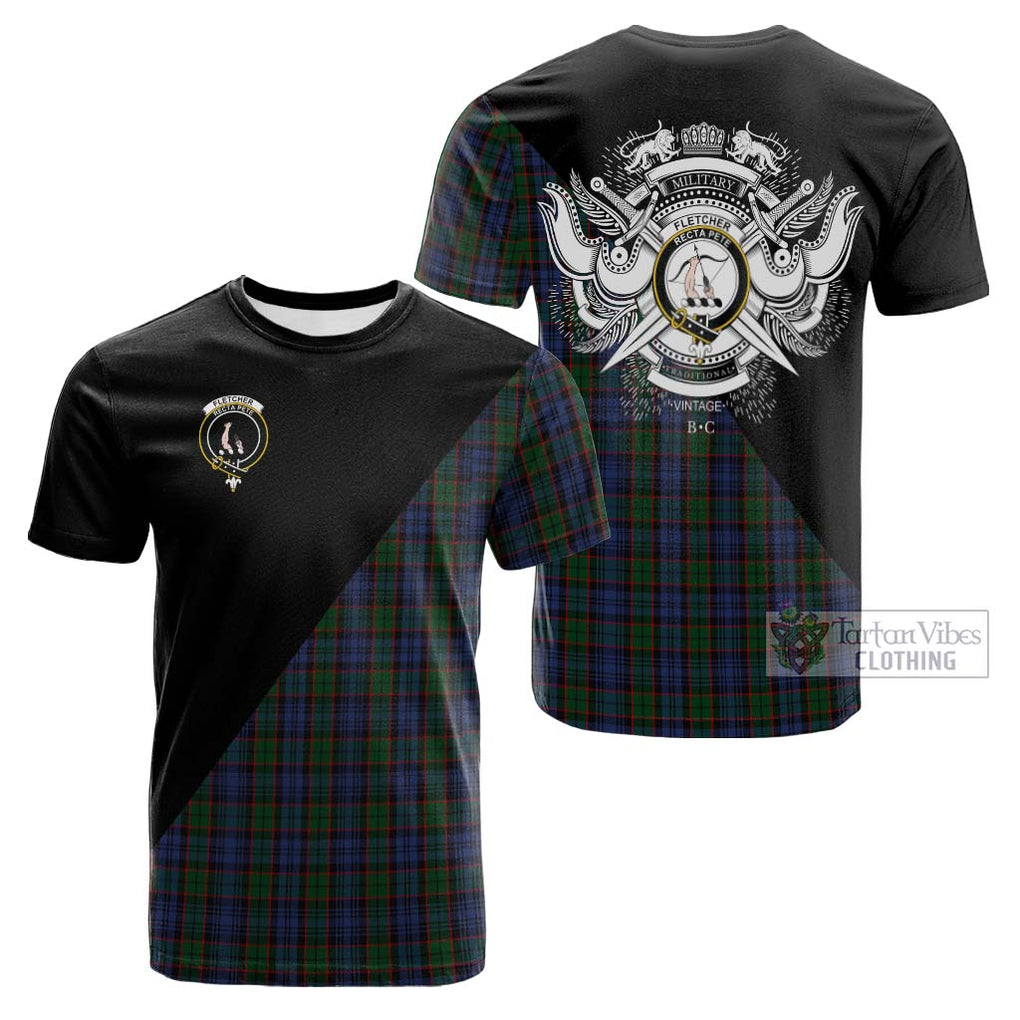 Tartan Vibes Clothing Fletcher Tartan Cotton T-shirt with Family Crest and Military Logo Style