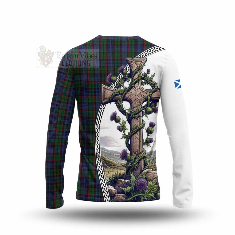 Tartan Vibes Clothing Fletcher Tartan Long Sleeve T-Shirt with Family Crest and St. Andrew's Cross Accented by Thistle Vines