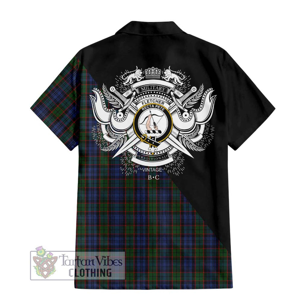 Fletcher Tartan Short Sleeve Button Shirt with Family Crest and Military Logo Style - Tartanvibesclothing Shop