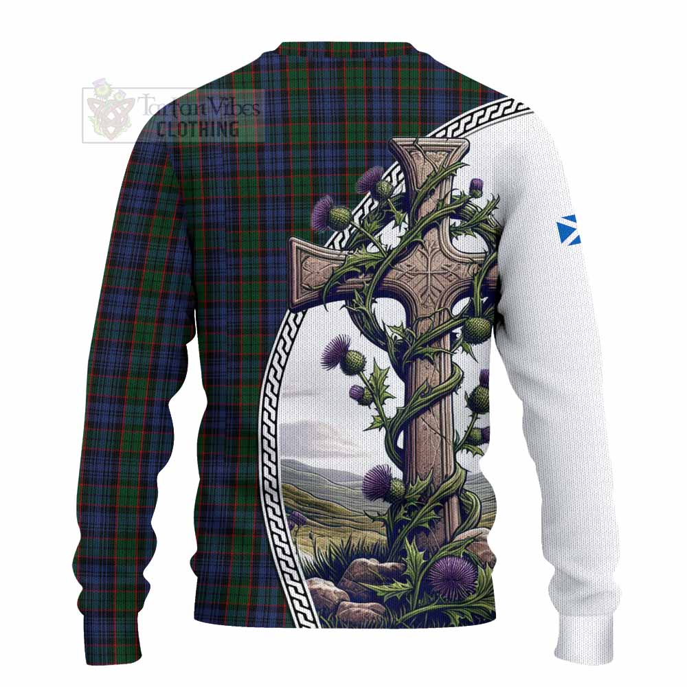 Tartan Vibes Clothing Fletcher Tartan Knitted Sweater with Family Crest and St. Andrew's Cross Accented by Thistle Vines