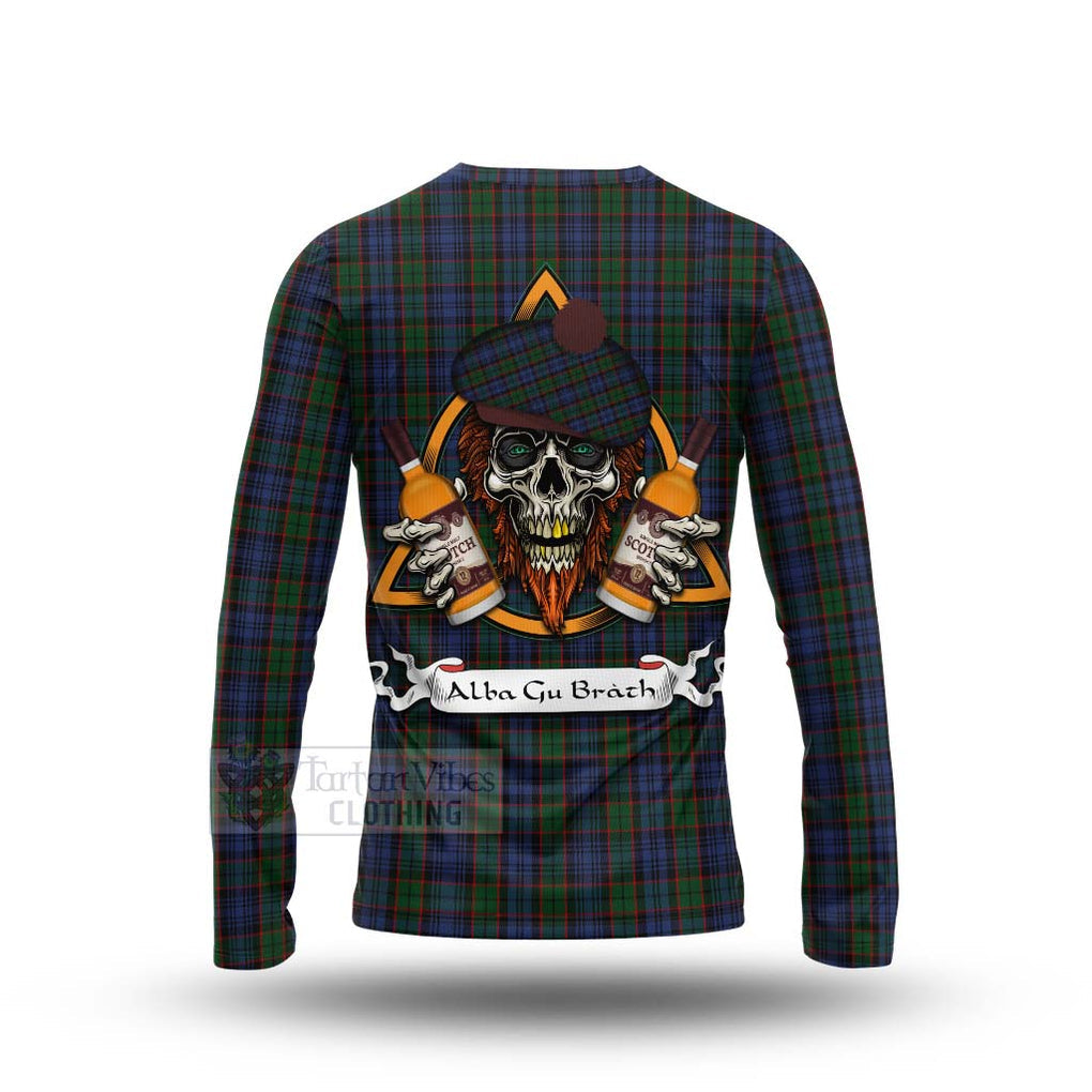 Tartan Vibes Clothing Fletcher Tartan Long Sleeve T-Shirt with Family Crest and Bearded Skull Holding Bottles of Whiskey