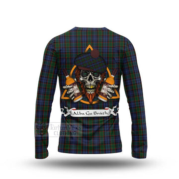 Fletcher Tartan Long Sleeve T-Shirt with Family Crest and Bearded Skull Holding Bottles of Whiskey