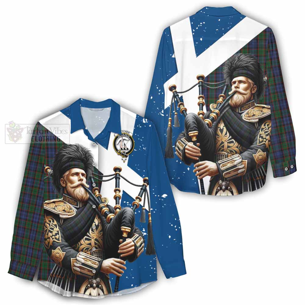 Tartan Vibes Clothing Fletcher Tartan Women's Casual Shirt with Family Crest Scottish Bagpiper Vibes