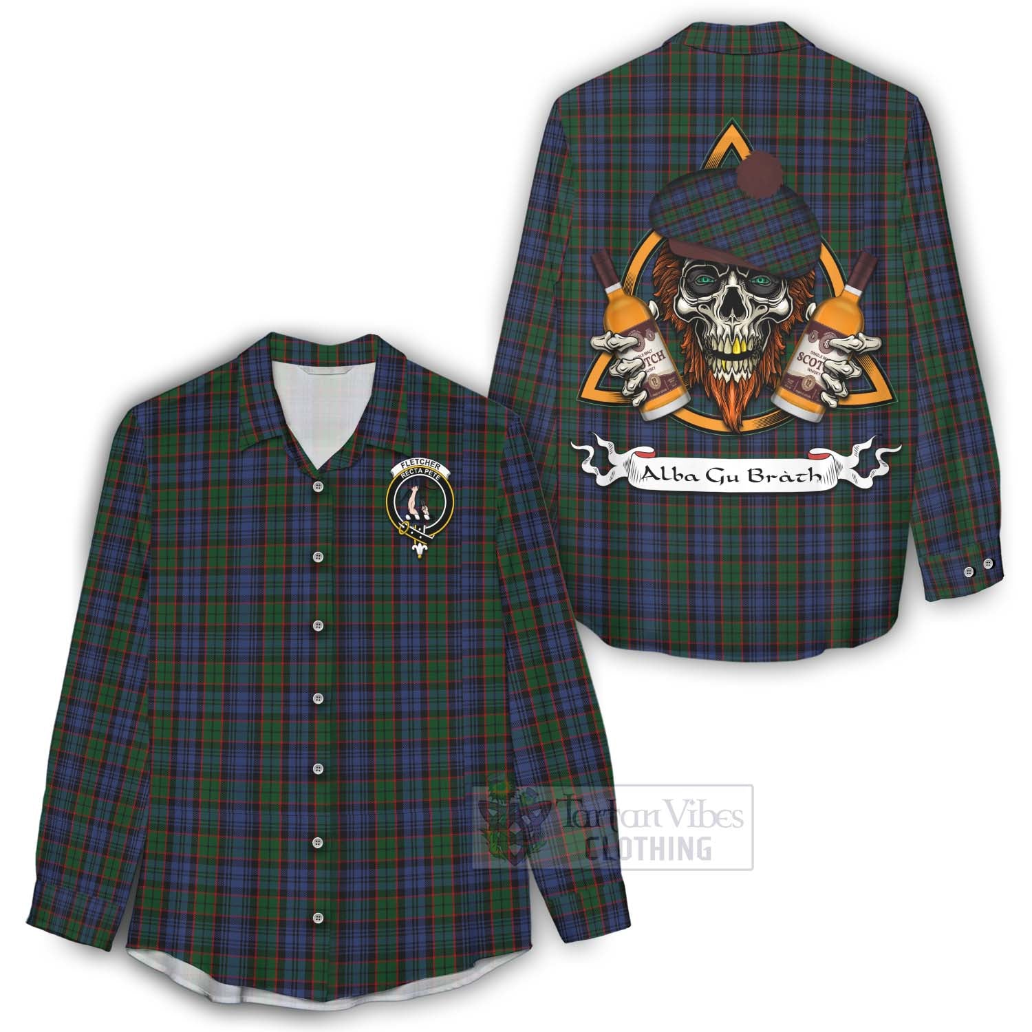 Tartan Vibes Clothing Fletcher Tartan Women's Casual Shirt with Family Crest and Bearded Skull Holding Bottles of Whiskey