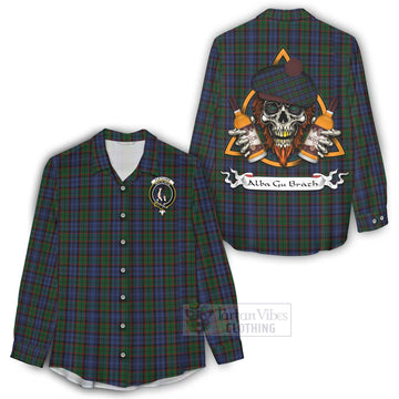 Fletcher Tartan Women's Casual Shirt with Family Crest and Bearded Skull Holding Bottles of Whiskey