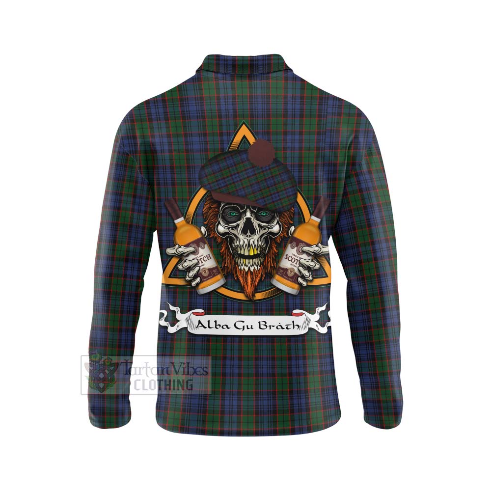 Tartan Vibes Clothing Fletcher Tartan Long Sleeve Polo Shirt with Family Crest and Bearded Skull Holding Bottles of Whiskey