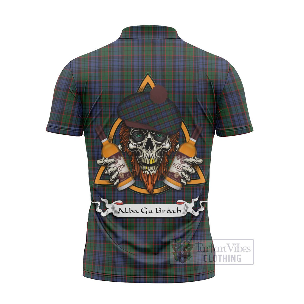 Tartan Vibes Clothing Fletcher Tartan Zipper Polo Shirt with Family Crest and Bearded Skull Holding Bottles of Whiskey