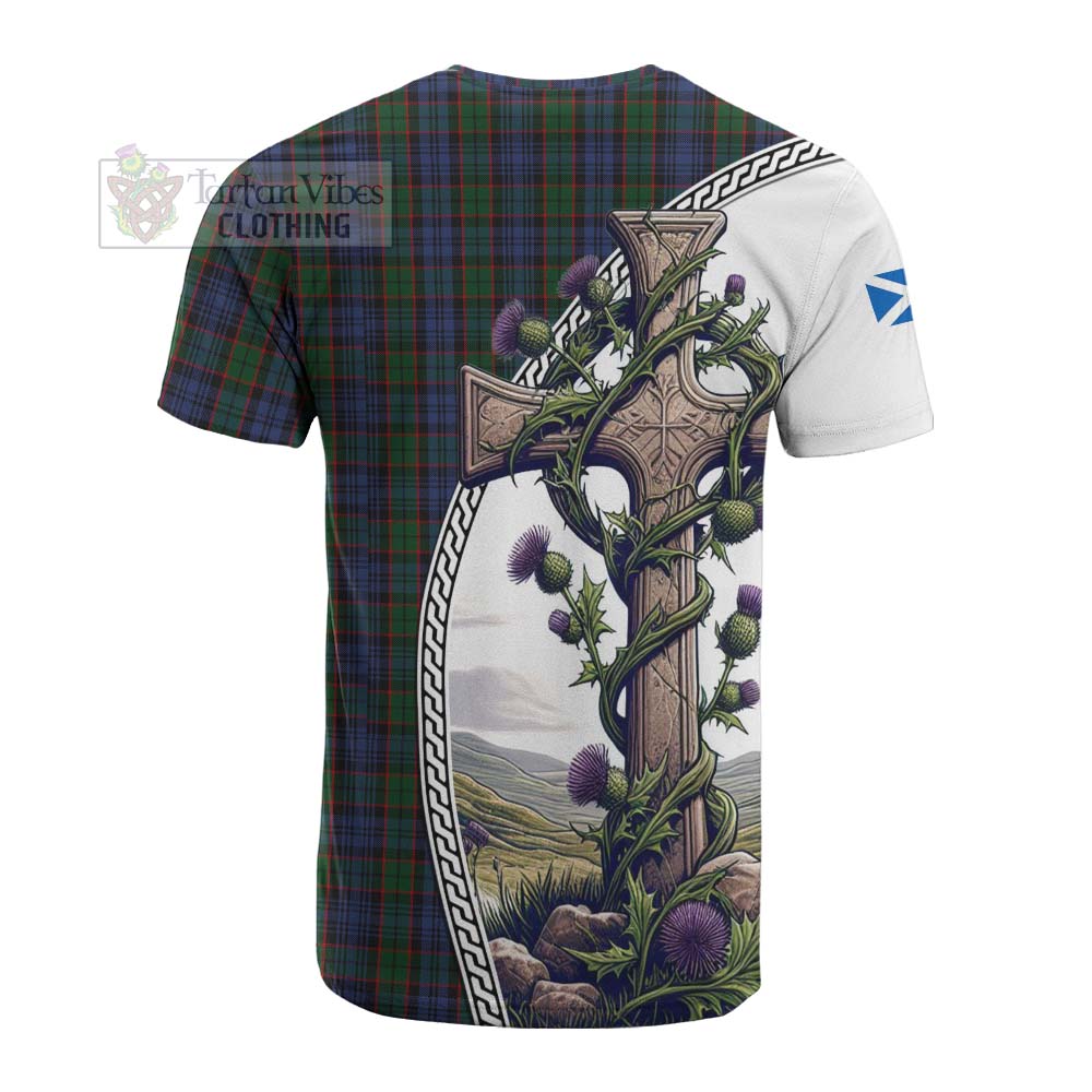 Tartan Vibes Clothing Fletcher Tartan Cotton T-shirt with Family Crest and St. Andrew's Cross Accented by Thistle Vines