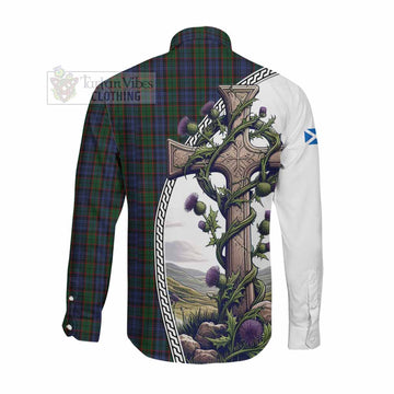 Fletcher Tartan Long Sleeve Button Shirt with Family Crest and St. Andrew's Cross Accented by Thistle Vines