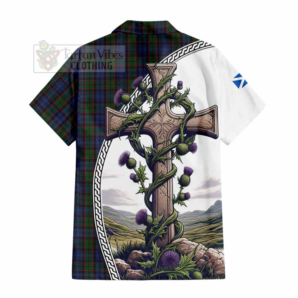 Tartan Vibes Clothing Fletcher Tartan Short Sleeve Button Shirt with Family Crest and St. Andrew's Cross Accented by Thistle Vines