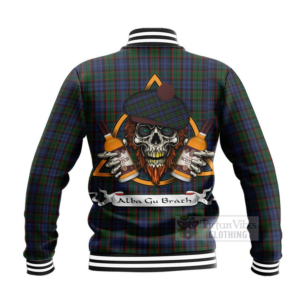 Tartan Vibes Clothing Fletcher Tartan Baseball Jacket with Family Crest and Bearded Skull Holding Bottles of Whiskey