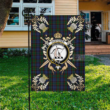 Fletcher Tartan Flag with Family Crest and Golden Thistle Crossed Sword Design