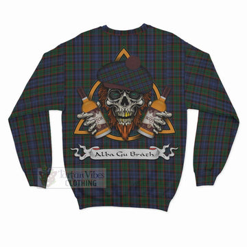 Fletcher Tartan Sweatshirt with Family Crest and Bearded Skull Holding Bottles of Whiskey