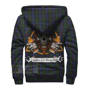 Fletcher Tartan Sherpa Hoodie with Family Crest and Bearded Skull Holding Bottles of Whiskey