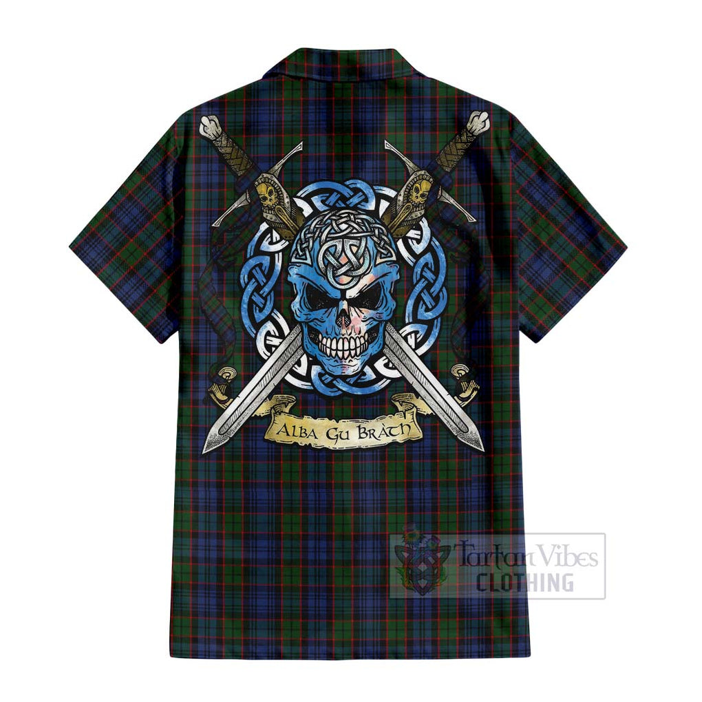 Tartan Vibes Clothing Fletcher Tartan Short Sleeve Button Shirt with Family Crest Celtic Skull Style