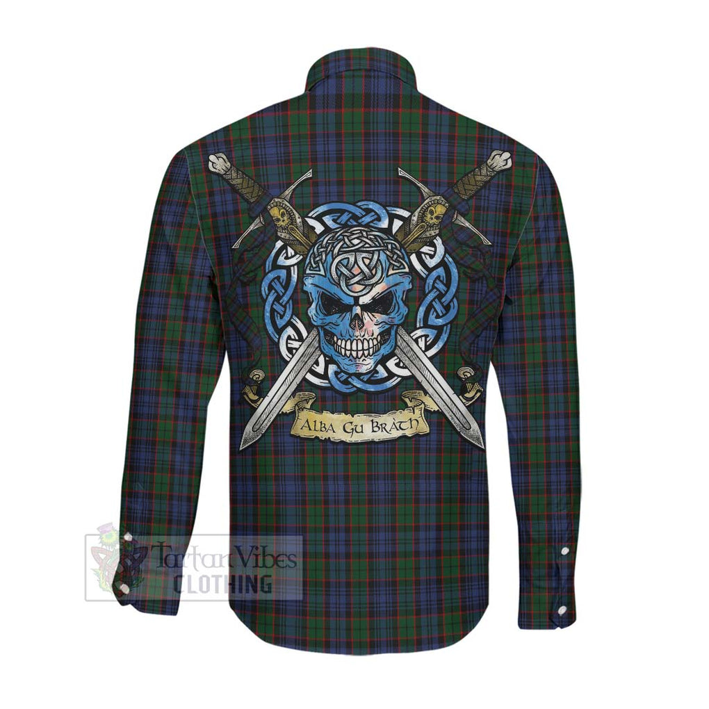 Tartan Vibes Clothing Fletcher Tartan Long Sleeve Button Shirt with Family Crest Celtic Skull Style