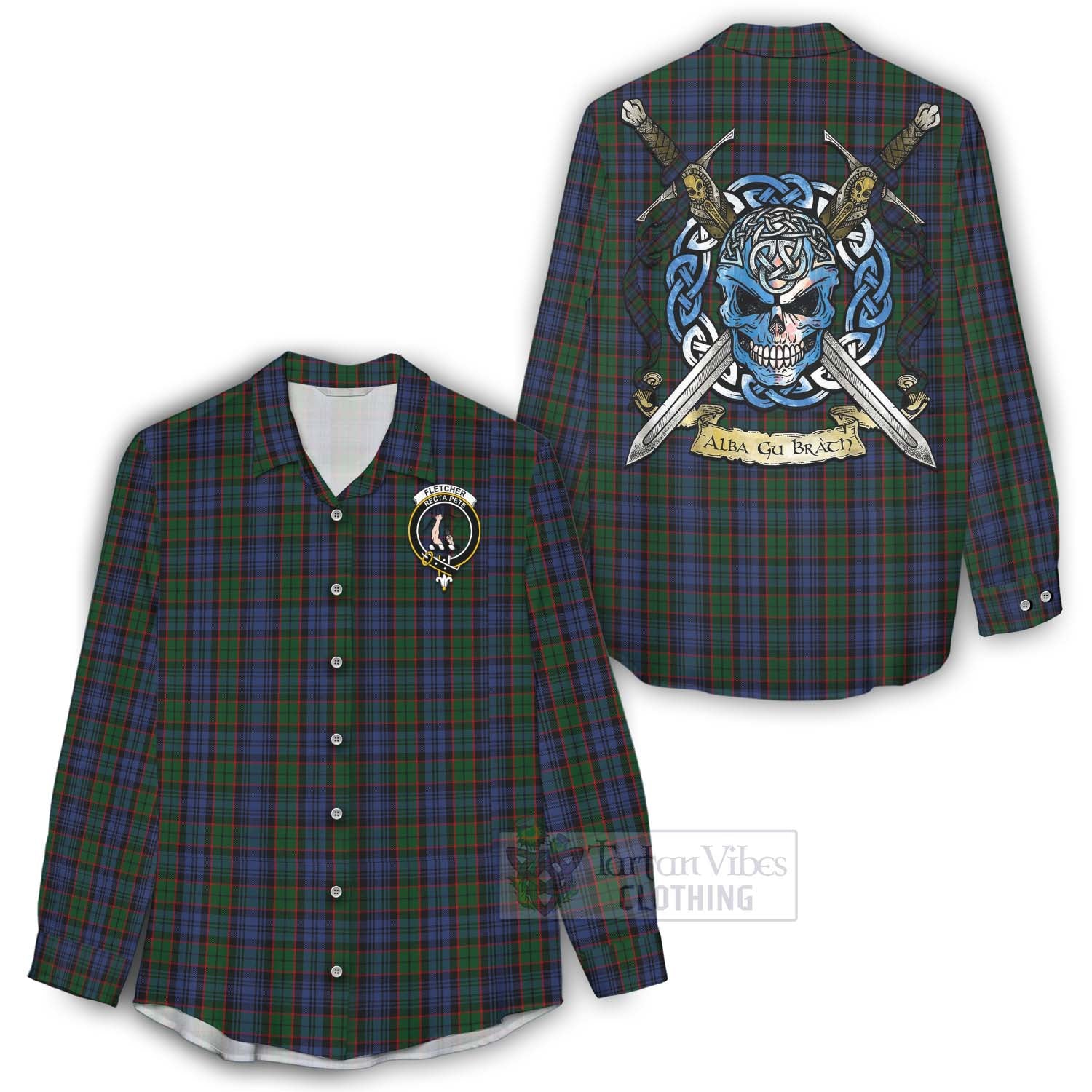 Tartan Vibes Clothing Fletcher Tartan Women's Casual Shirt with Family Crest Celtic Skull Style