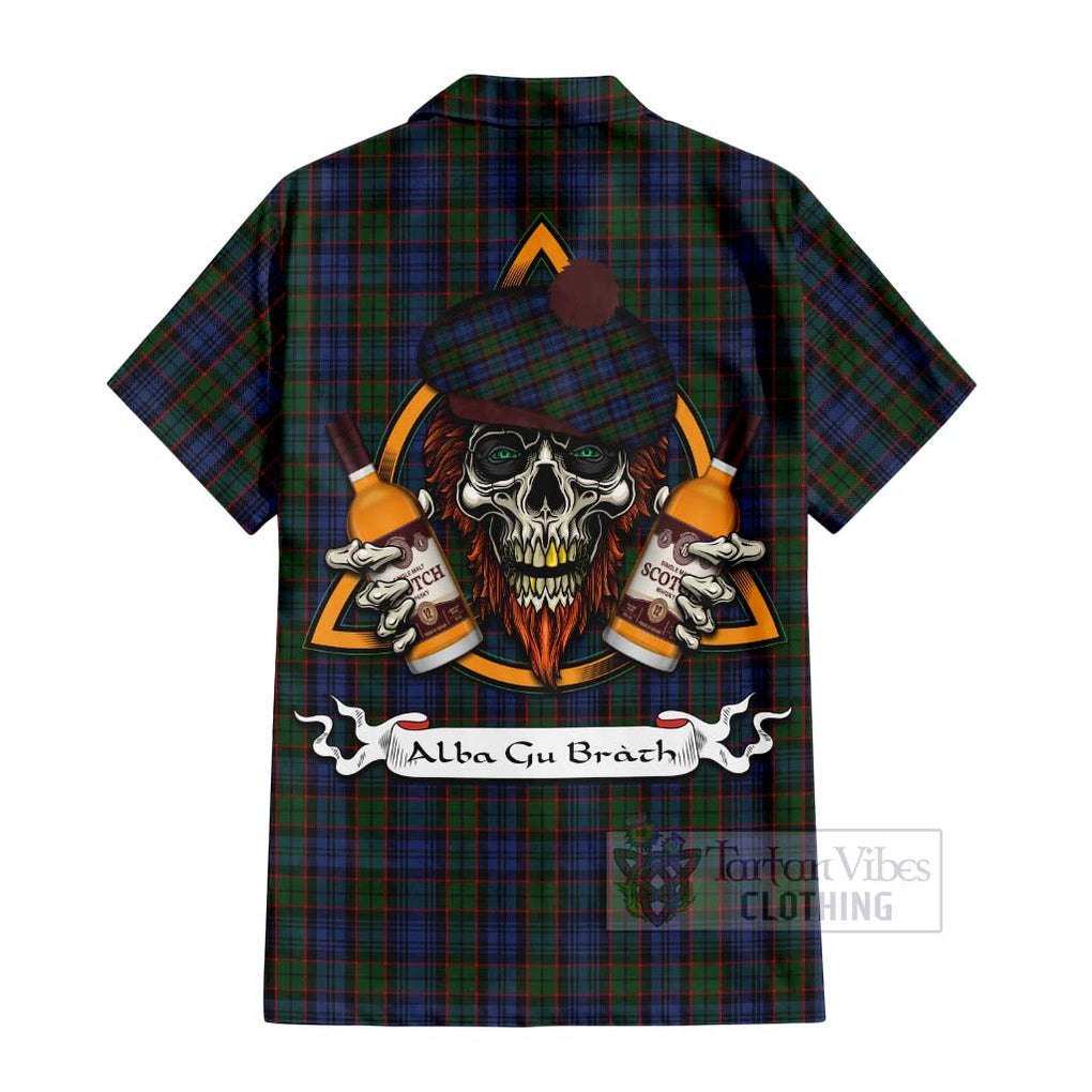 Tartan Vibes Clothing Fletcher Tartan Short Sleeve Button Shirt with Family Crest and Bearded Skull Holding Bottles of Whiskey