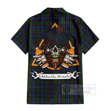 Fletcher Tartan Short Sleeve Button Shirt with Family Crest and Bearded Skull Holding Bottles of Whiskey