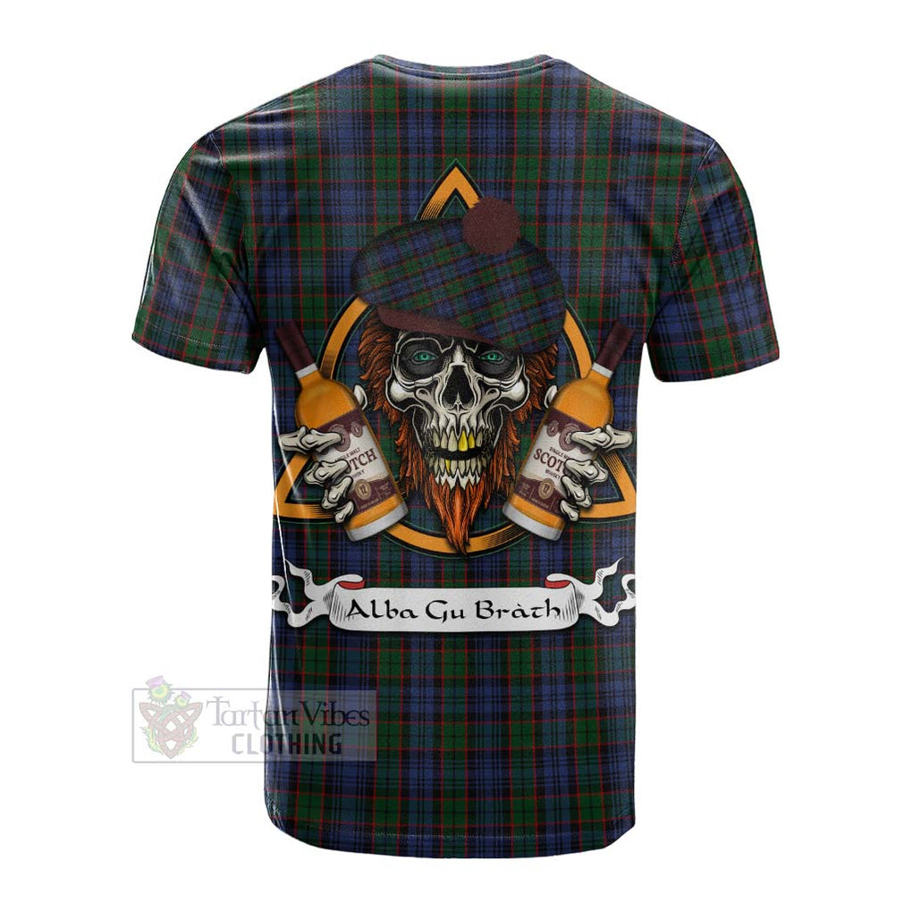 Tartan Vibes Clothing Fletcher Tartan Cotton T-shirt with Family Crest and Bearded Skull Holding Bottles of Whiskey