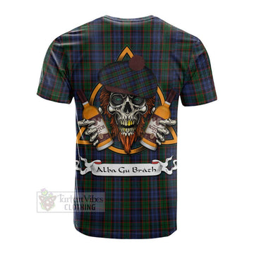 Fletcher Tartan Cotton T-shirt with Family Crest and Bearded Skull Holding Bottles of Whiskey