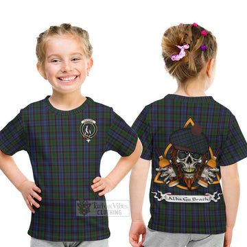 Fletcher Tartan Kid T-Shirt with Family Crest and Bearded Skull Holding Bottles of Whiskey