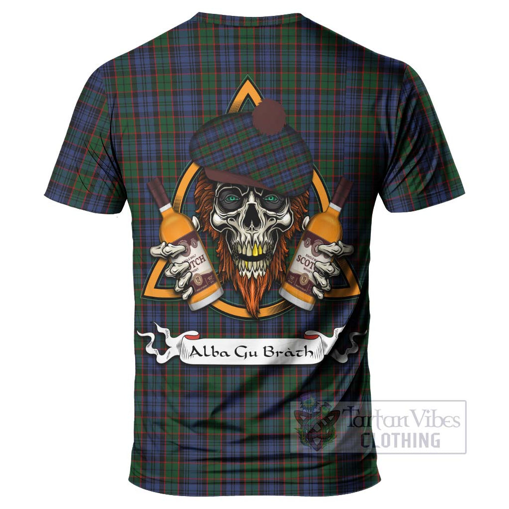 Tartan Vibes Clothing Fletcher Tartan T-Shirt with Family Crest and Bearded Skull Holding Bottles of Whiskey