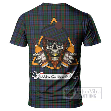 Fletcher Tartan T-Shirt with Family Crest and Bearded Skull Holding Bottles of Whiskey