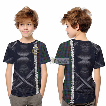 Fletcher Tartan Kid T-Shirt with Family Crest Cross Sword Thistle Celtic Vibes