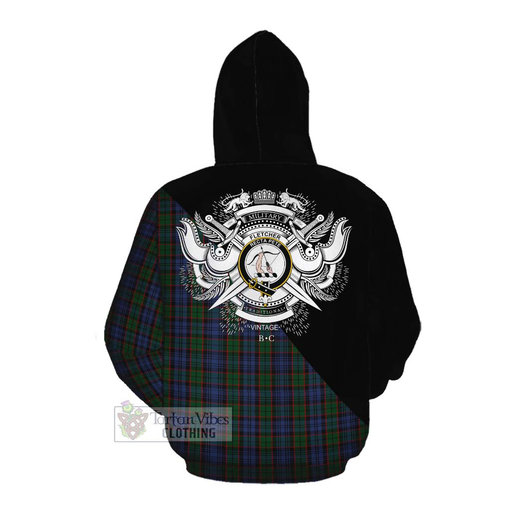 Tartan Vibes Clothing Fletcher Tartan Cotton Hoodie with Family Crest and Military Logo Style